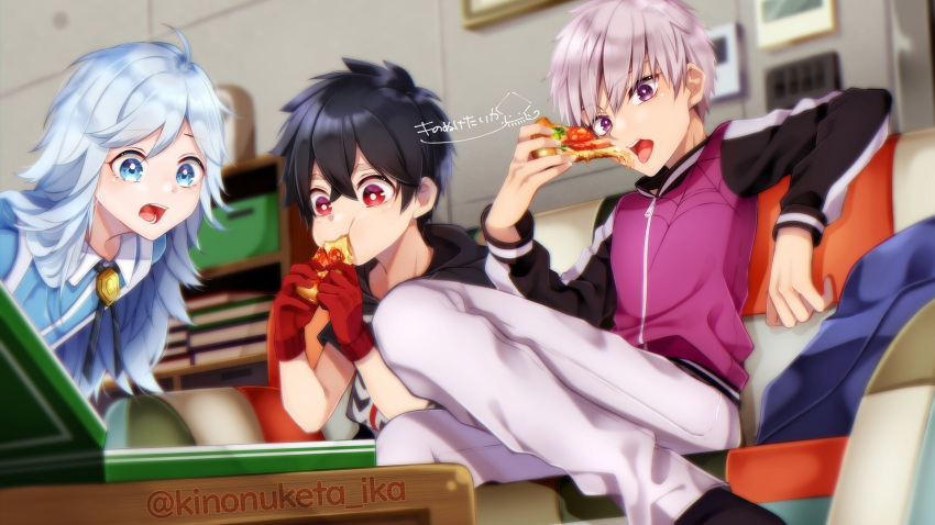 3boys, :d, black_footwear, black_hair, blue_eyes, blurry, blurry_background, bookshelf
