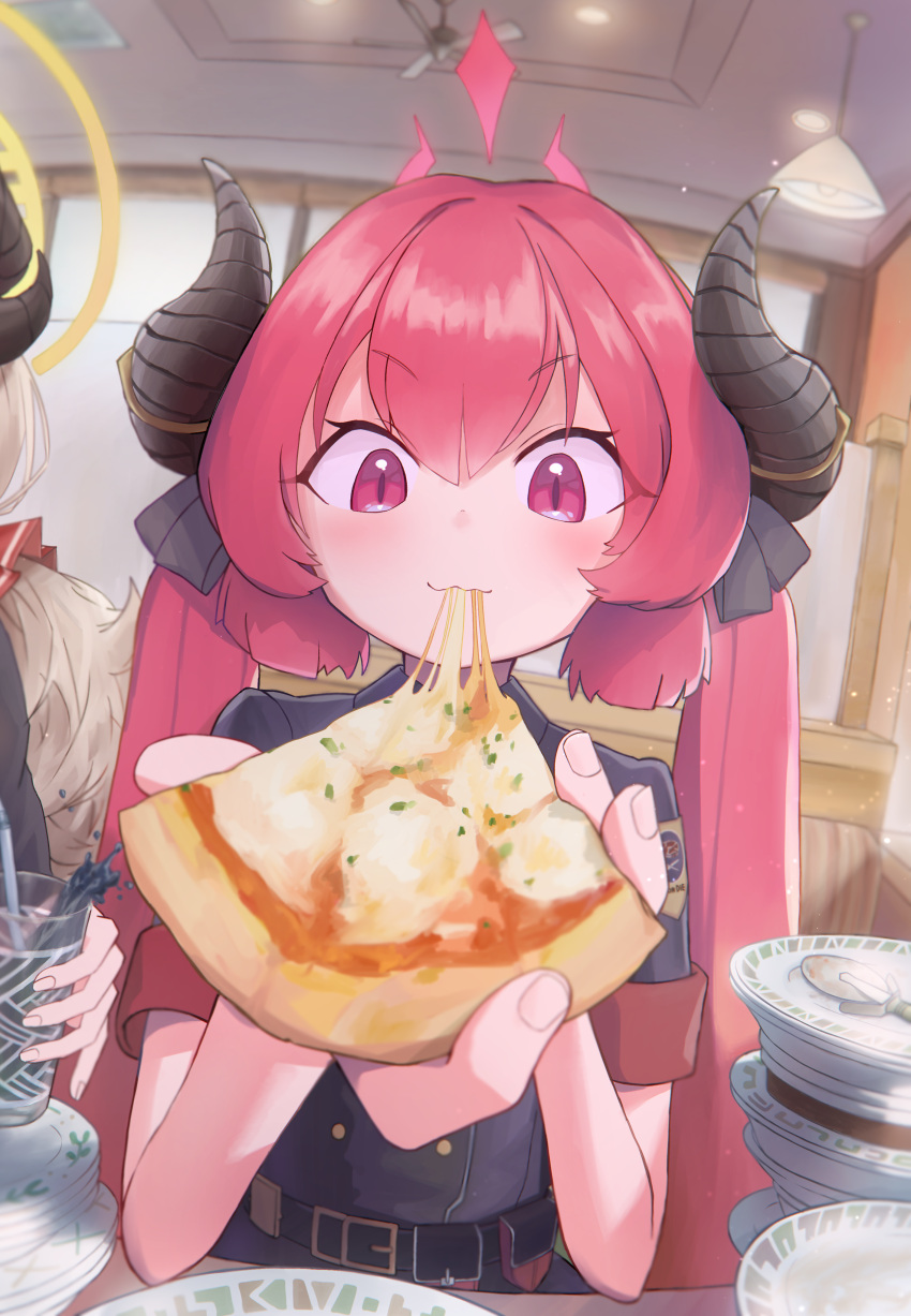 2girls, absurdres, belt, blue_archive, bow, chair, character_request, cup, curled_horns, eating, fan, food, hair_bow, highres, horns, indoors, junko_(blue_archive), light, multiple_girls, oca_laful, pink_eyes, pink_hair, pizza, plate, restaurant, sitting