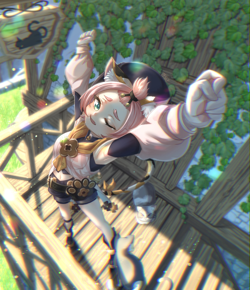 1girl, absurdres, animal, animal_ear_fluff, animal_ears, arms_up, bangs_pinned_back, black_footwear