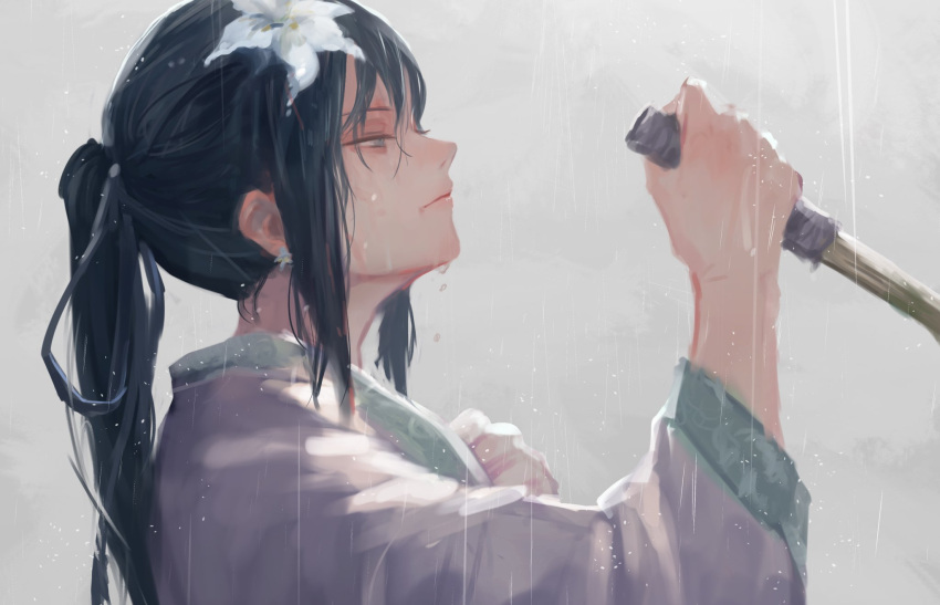 1girl, bangs, black_hair, breasts, closed_mouth, fate/grand_order, fate_(series), flower, grey_eyes, hair_flower, hair_ornament, highres, japanese_clothes, jing_ke_(fate), kimono, knife, kouzuki_kei, long_hair, long_sleeves, ponytail, profile, rain, sidelocks, solo, wet, white_kimono, wide_sleeves