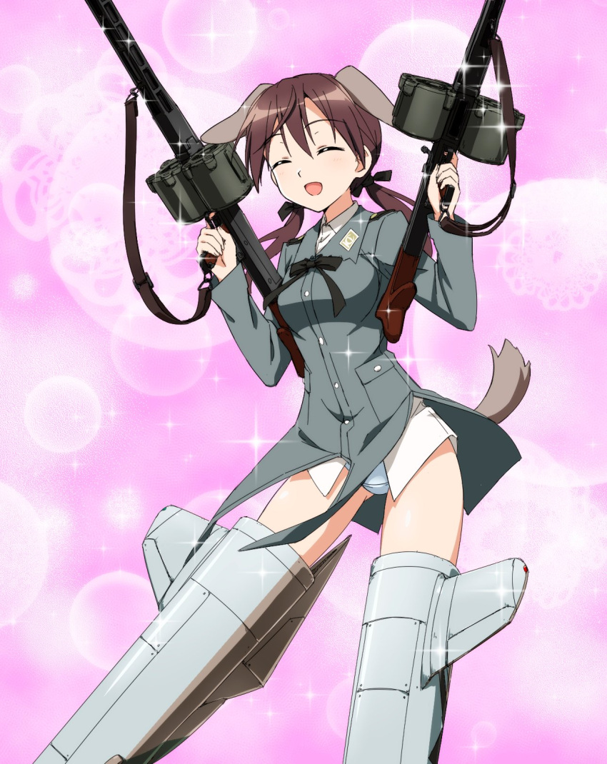 1girl, animal_ears, bangs, black_neckwear, black_ribbon, blue_panties, brown_hair, closed_eyes