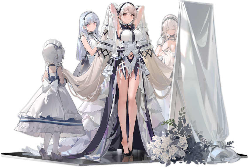 4girls, absurdly_long_hair, armpits, azur_lane, black_footwear, breasts, clothing_cutout, dido_(azur_lane)
