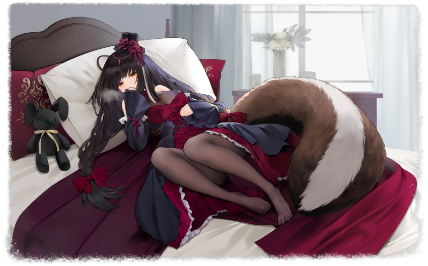 1girl, animal_ears, azur_lane, black_hair, black_headwear, black_legwear, braid, dress, hat, highres, long_hair, looking_at_viewer, lying, naganami_(azur_lane), naganami_(long-awaited_warmth)_(azur_lane), official_alternate_costume, official_art, on_bed, on_side, pantyhose, pillow, see-through, squirrel_ears, squirrel_tail, suisai, tail, transparent_background, twin_braids, twintails, two-tone_dress, yellow_eyes