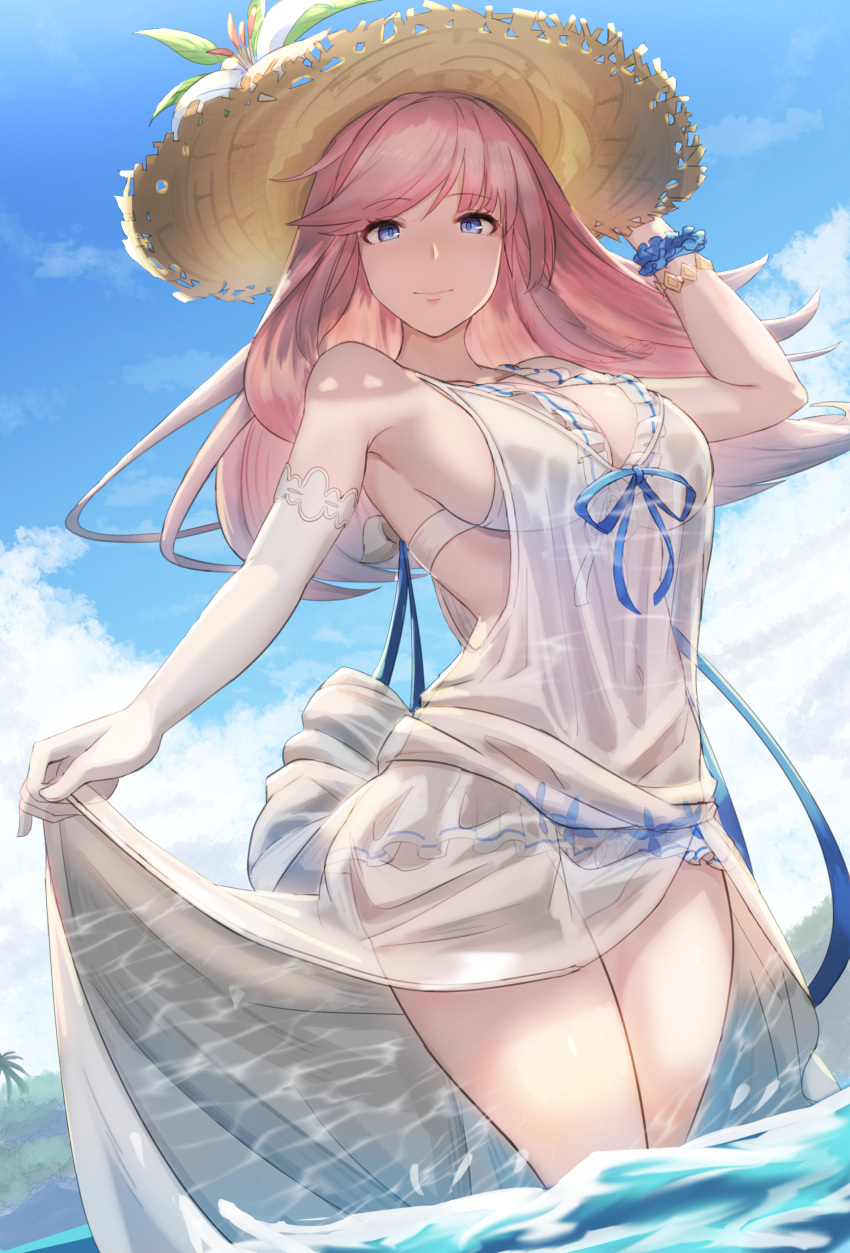 absurdres, bangs, bare_shoulders, bikini, blue_eyes, breasts, closed_mouth, dress