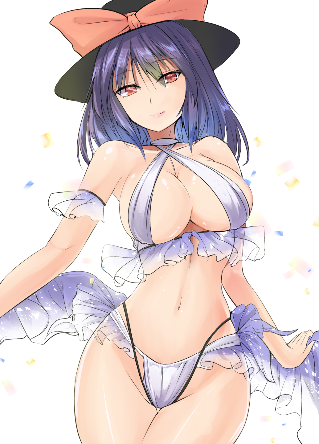 1girl, alternate_costume, bangs, bikini, black_headwear, blue_hair, bow, breasts, confetti, cowboy_shot, eyebrows_visible_through_hair, eyes_visible_through_hair, frilled_bikini, frills, gradient_hair, hat, hat_bow, highleg, highleg_bikini, highres, hip_focus, holding_shawl, large_breasts, layered_bikini, looking_at_viewer, medium_hair, multicolored_hair, nagae_iku, one-hour_drawing_challenge, purple_hair, red_bow, shiny, shiny_hair, shiny_skin, smile, solo, swimsuit, thighs, touhou, white_bikini, wind, y2