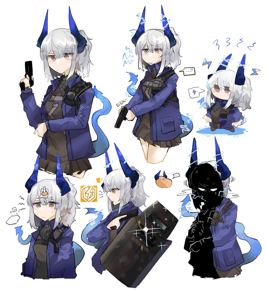 ..., 1girl, anger_vein, arknights, black_shirt, black_skirt, blue_jacket, chibi