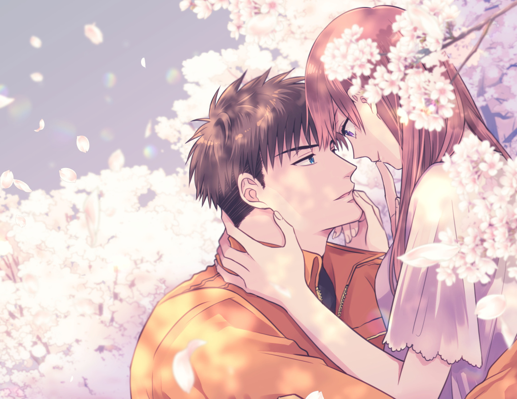 1boy, 1girl, brown_hair, couple, eye_contact, flower, fujihashi_ryou, hand_on_another's_face