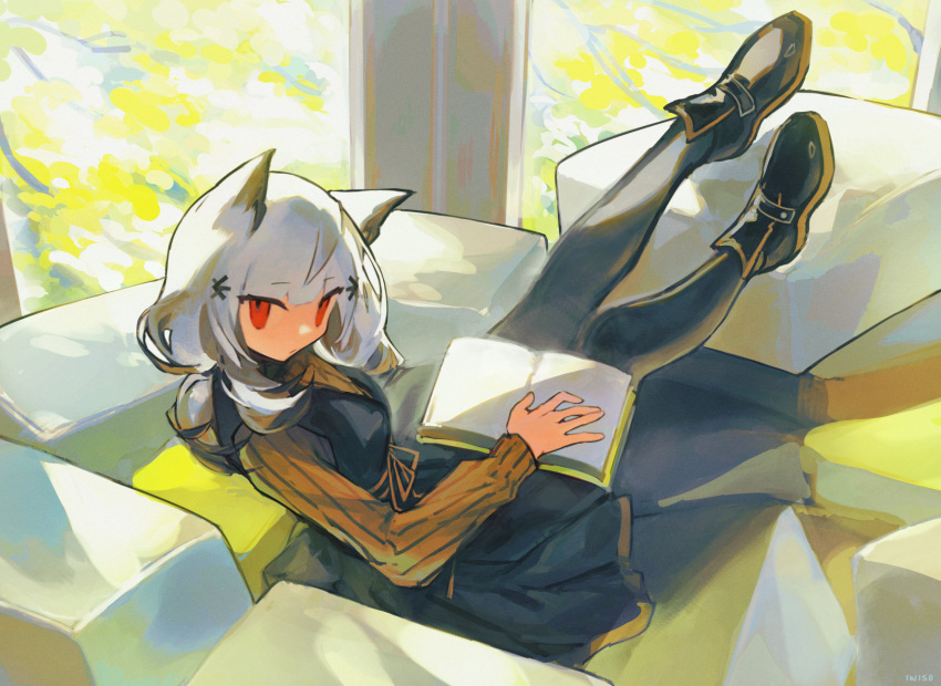 1girl, arknights, black_dress, black_footwear, black_legwear, book, brown_sleeves, commentary