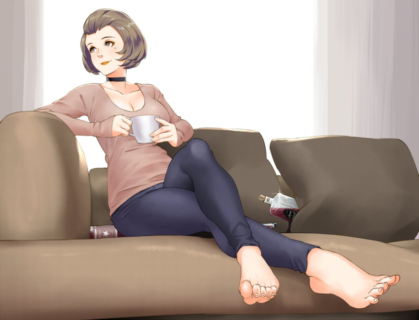 1girl, alcohol, alternate_costume, bad_feet, barefoot, breasts, brown_eyes, brown_hair