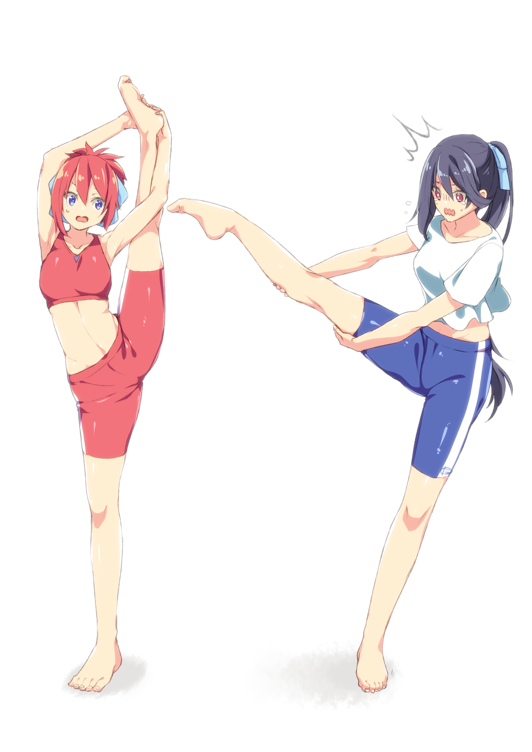 2girls, ^^^, bangs, barefoot, bike_shorts, blue_eyes, blue_ribbon, blue_shorts
