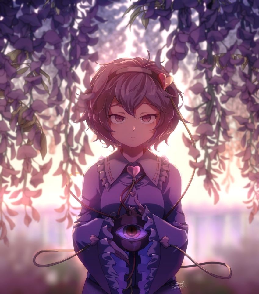 1girl, backlighting, blouse, blurry, breasts, depth_of_field, eyeball, flower