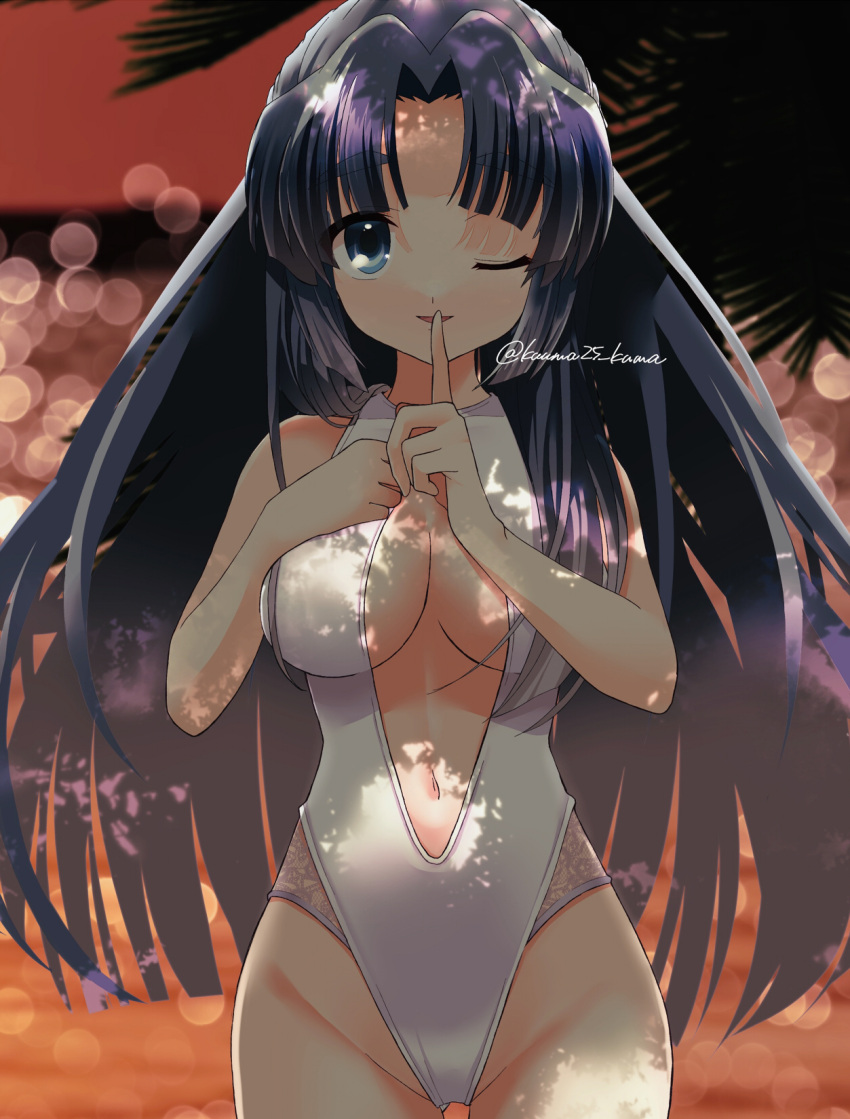 1girl, ;d, asakura_ryouko, bangs, bare_shoulders, blue_eyes, blue_hair, blurry