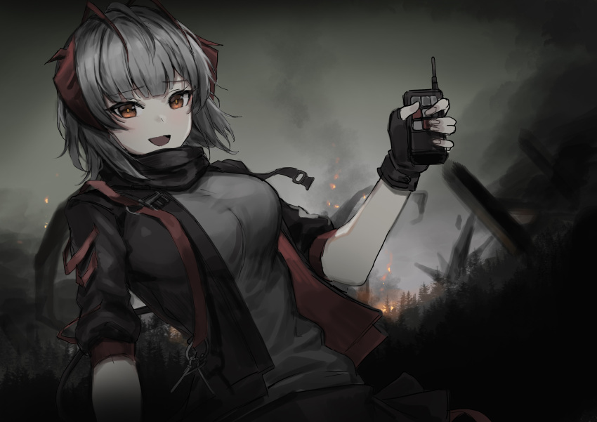 1girl, absurdres, ahoge, arknights, black_gloves, black_jacket, black_scarf, black_skirt