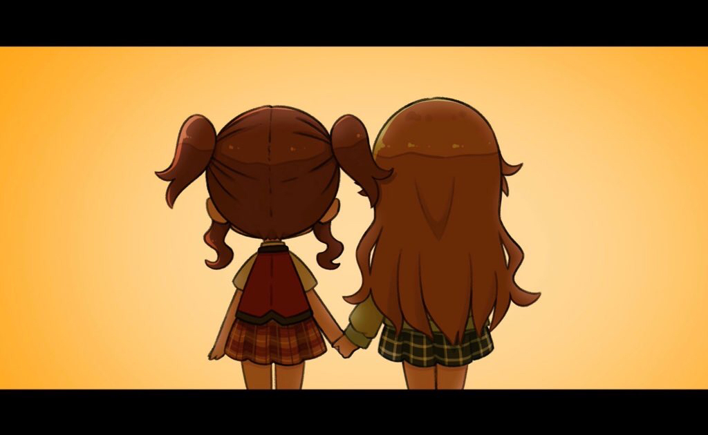 2girls, brown_hair, butterfly_(love_live!), chibi, hands_together, jacket, konoe_haruka, konoe_kanata