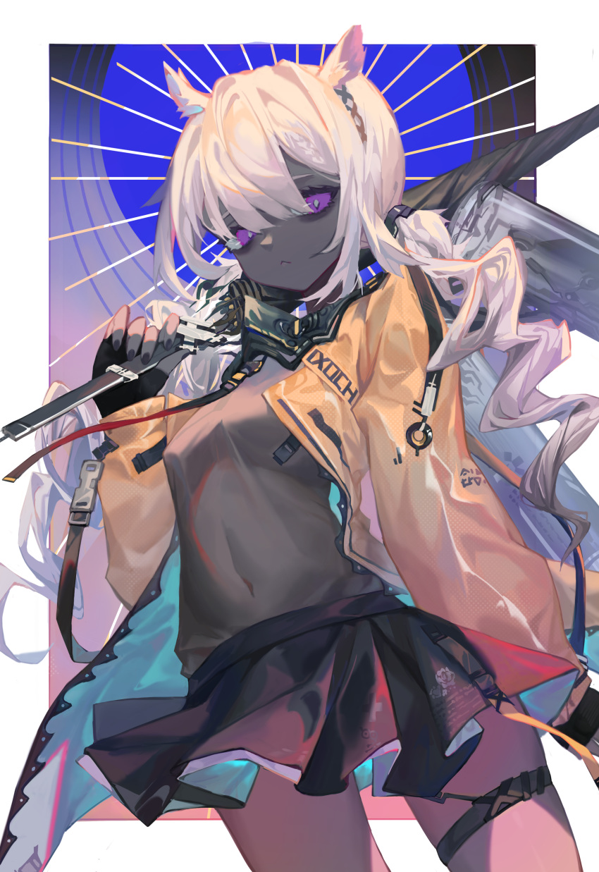 1girl, absurdres, arknights, black_gloves, black_skirt, black_umbrella, border, breasts