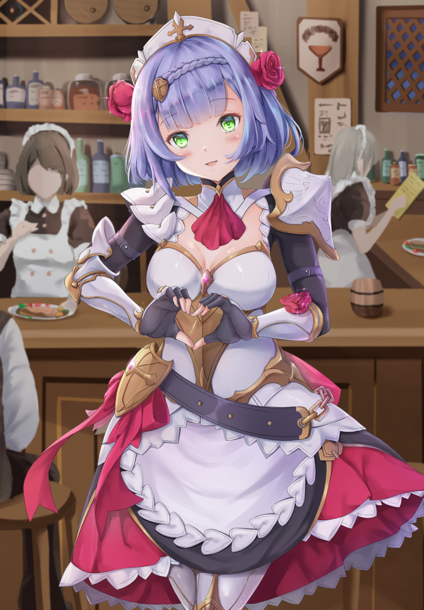 3girls, absurdres, armor, armored_boots, armored_dress, bar, black_gloves, blush