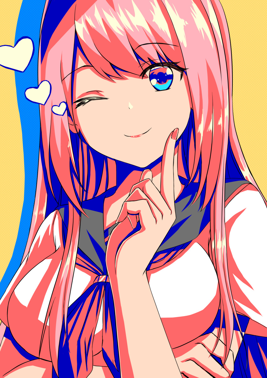1girl, absurdres, arm_under_breasts, blue_eyes, breasts, heart, highres, large_breasts
