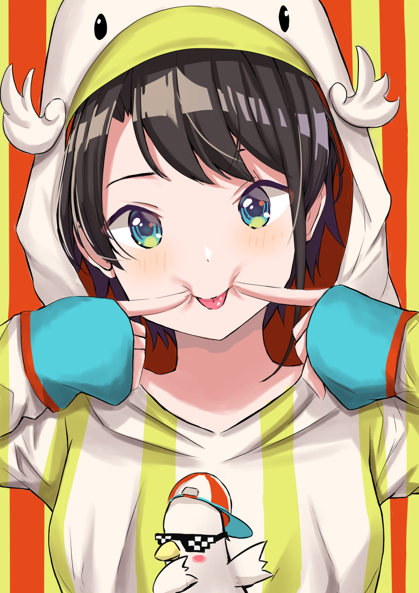 1girl, absurdres, bird, black_hair, blue_eyes, cheek_poking, dab_(dance), duck