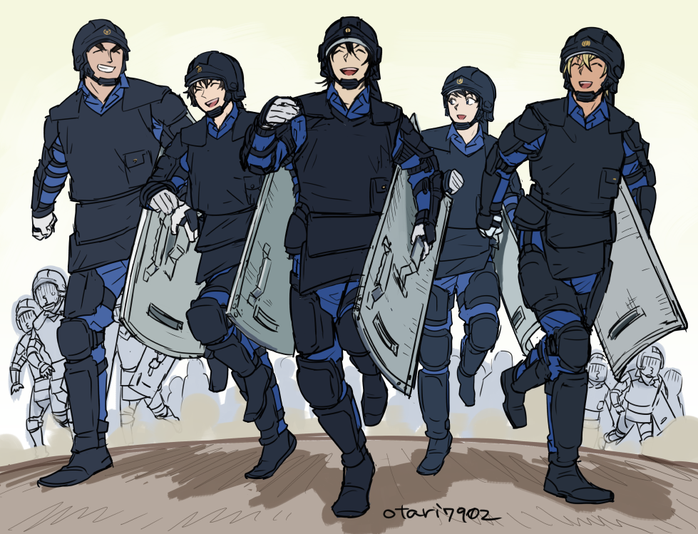 6+boys, :d, ^_^, amuro_tooru, bangs, black_footwear, black_hair, black_headwear, blonde_hair, blue_pants, blue_shirt, brown_hair, bulletproof_vest, closed_eyes, collared_shirt, commentary_request, date_wataru, facing_another, facing_viewer, gloves, grin, hagiwara_kenji, hair_between_eyes, happy, helmet, holding, holding_shield, indesign, knee_pads, leg_up, long_sleeves, looking_back, male_focus, matsuda_jinpei, meitantei_conan, multiple_boys, o3o, open_mouth, pants, people, police, police_uniform, policeman, riot_shield, running, scotch_(meitantei_conan), shadow, shield, shirt, shoes, short_hair, signature, simple_background, smile, sweatdrop, tactical_clothes, thick_eyebrows, turn_pale, uniform, upper_teeth, white_gloves