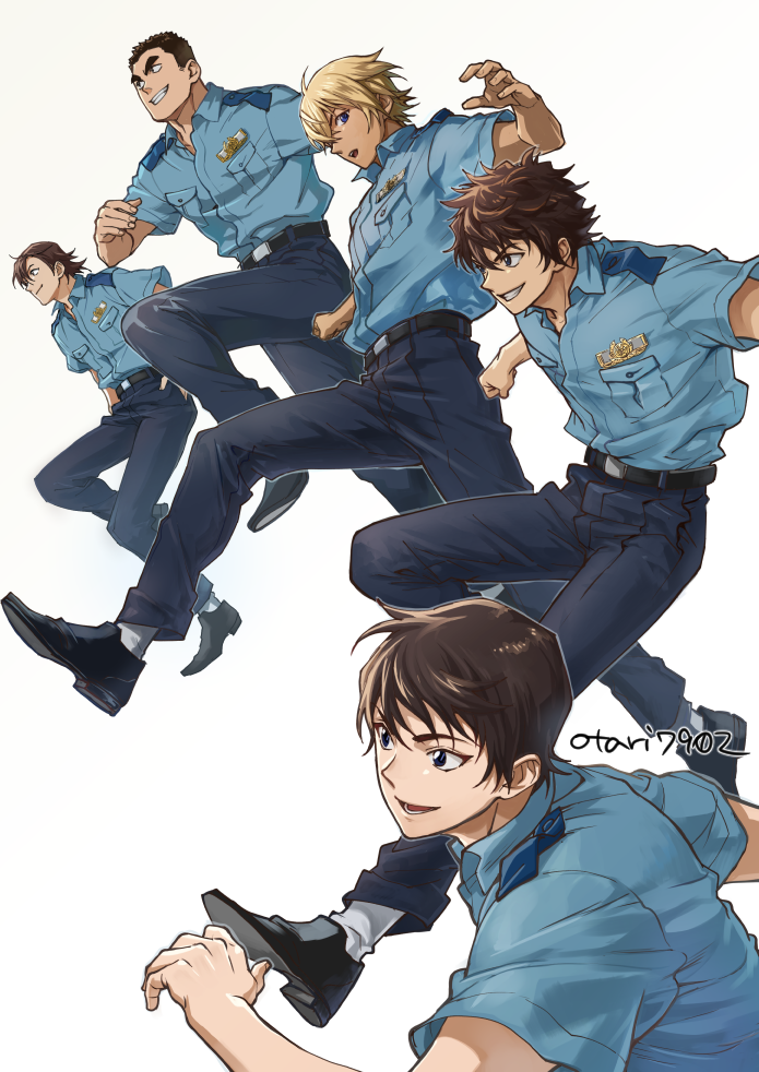 5boys, :d, amuro_tooru, bangs, belt, black_belt, black_eyes, black_footwear