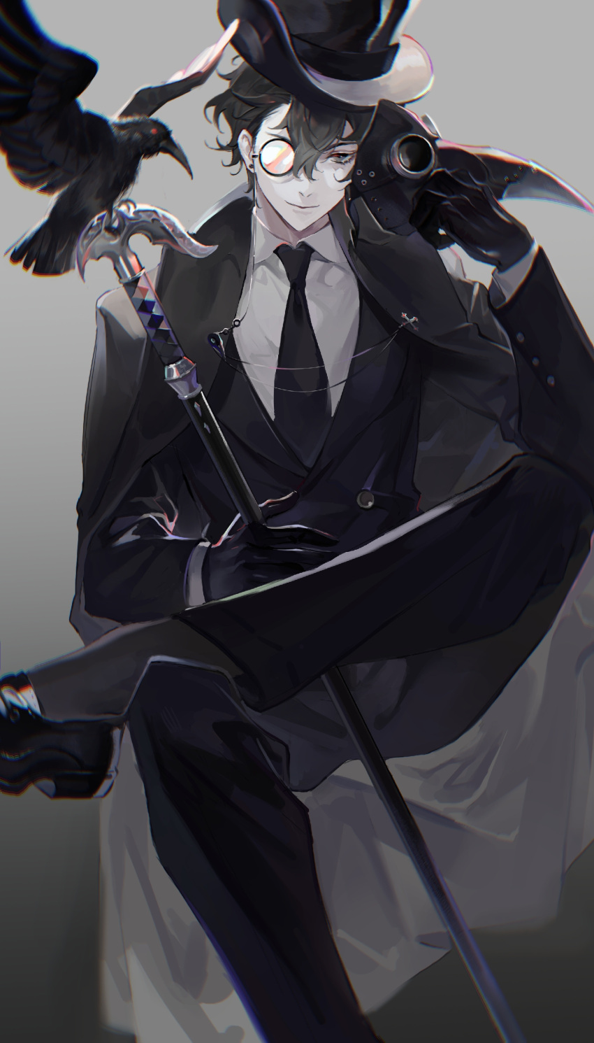 1boy, absurdres, amon_(lord_of_the_mysteries), bird, black_cape, black_coat, black_eyes, black_footwear