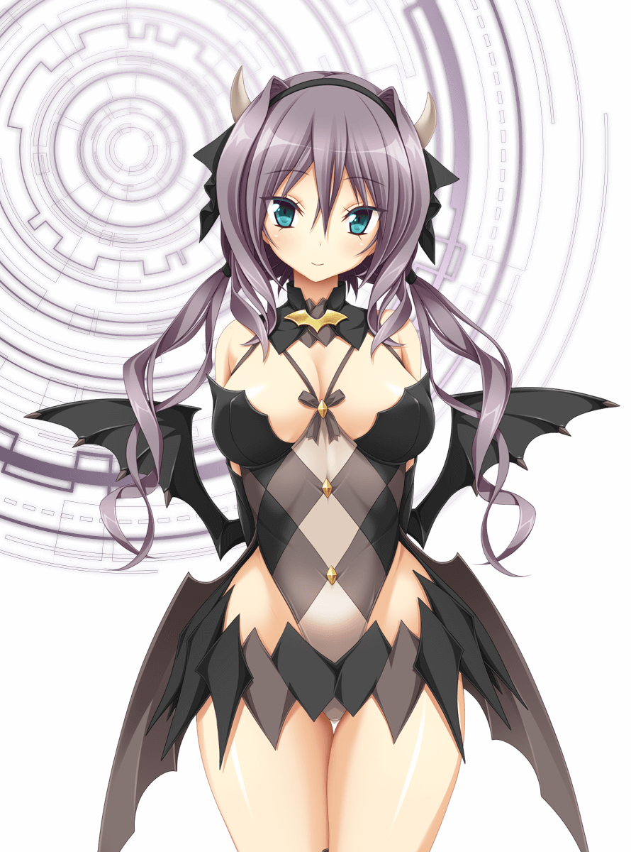 1girl, argyle, arms_behind_back, bangs, black_wings, blue_eyes, demon_girl, demon_horns