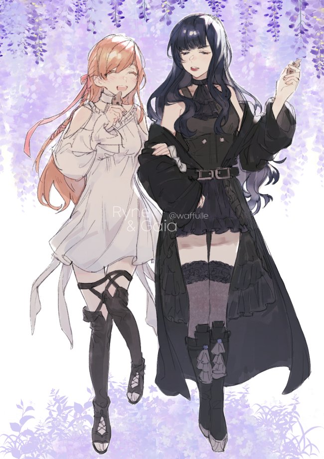 2girls, arm_hug, artist_name, belt, black_hair, blush, brown_hair, character_name, cookie, couple, dress, final_fantasy, final_fantasy_xiv, food, gaia_(ff14), multiple_girls, open_mouth, parted_lips, ryne, thigh-highs, toeless_legwear, twitter_username, waffulle
