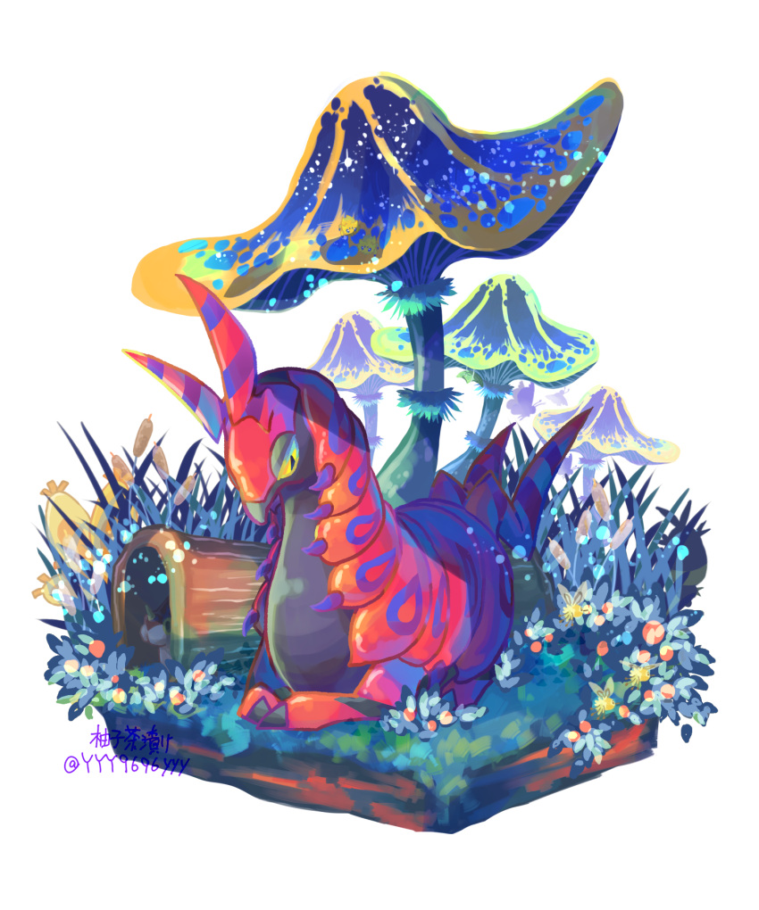 closed_mouth, commentary_request, gen_3_pokemon, gen_5_pokemon, giant_mushroom, grass, highres, hollow_log