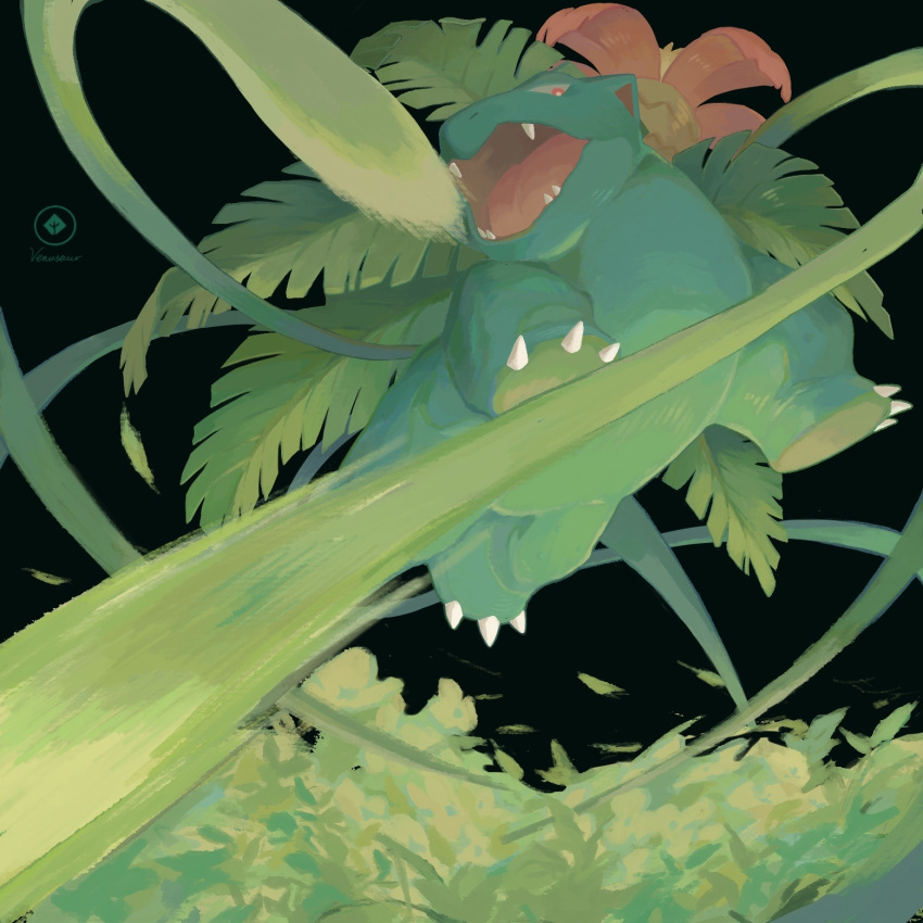 character_name, claws, commentary_request, fangs, from_below, gen_1_pokemon, highres, looking_down, no_humans, open_mouth, plant, pokemon, pokemon_(creature), red_eyes, ricmoo3, solo, tongue, venusaur, vines