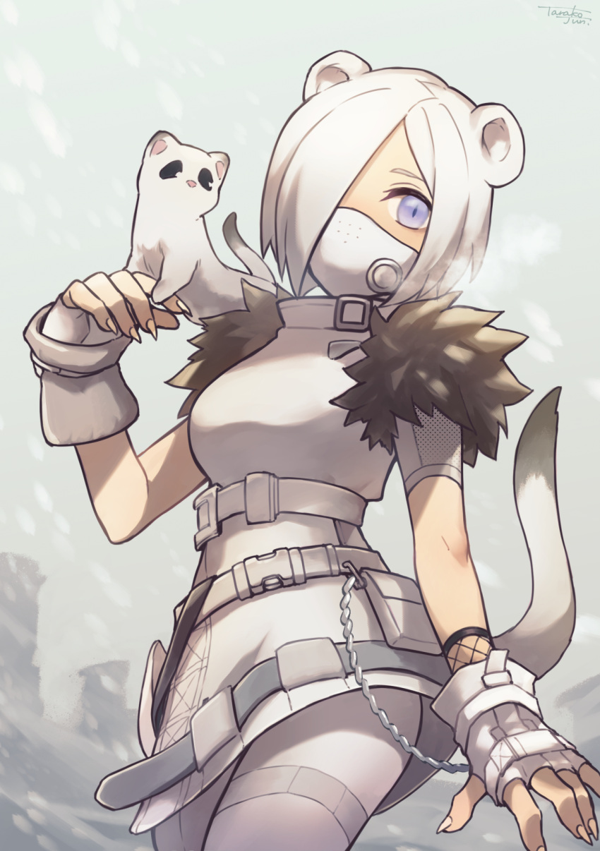 1girl, animal_on_shoulder, arknights, artist_name, blue_eyes, cowboy_shot, fingerless_gloves, fur_trim