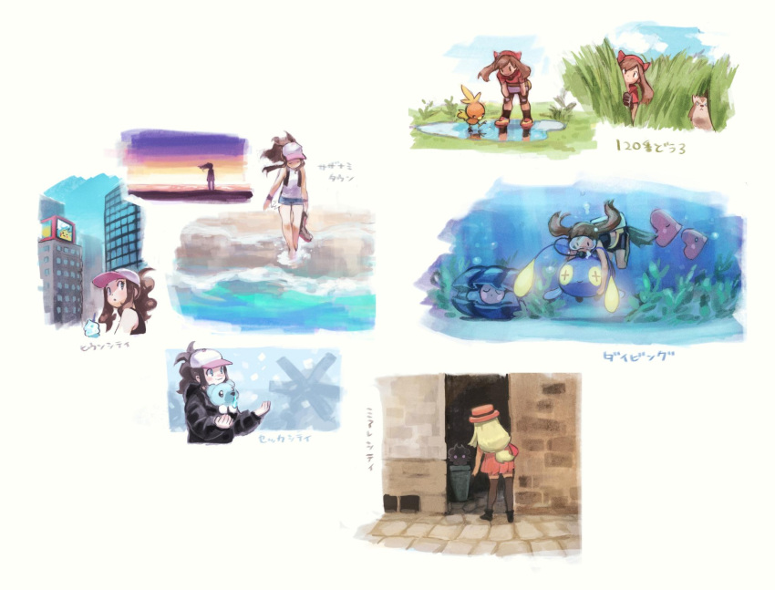 3girls, air_bubble, alley, alternate_costume, bangs, bare_arms, baseball_cap, bike_shorts