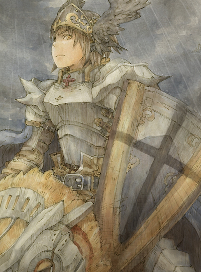 1boy, animal, armor, bangs, barding, belt, bird, black_belt