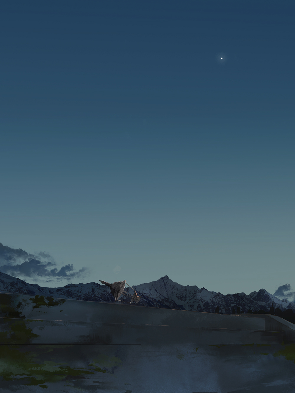 blind, ckk57679405, highres, lamp, mountain, no_humans, outdoors, shingeki_no_kyojin, sky, spoilers, wheelchair