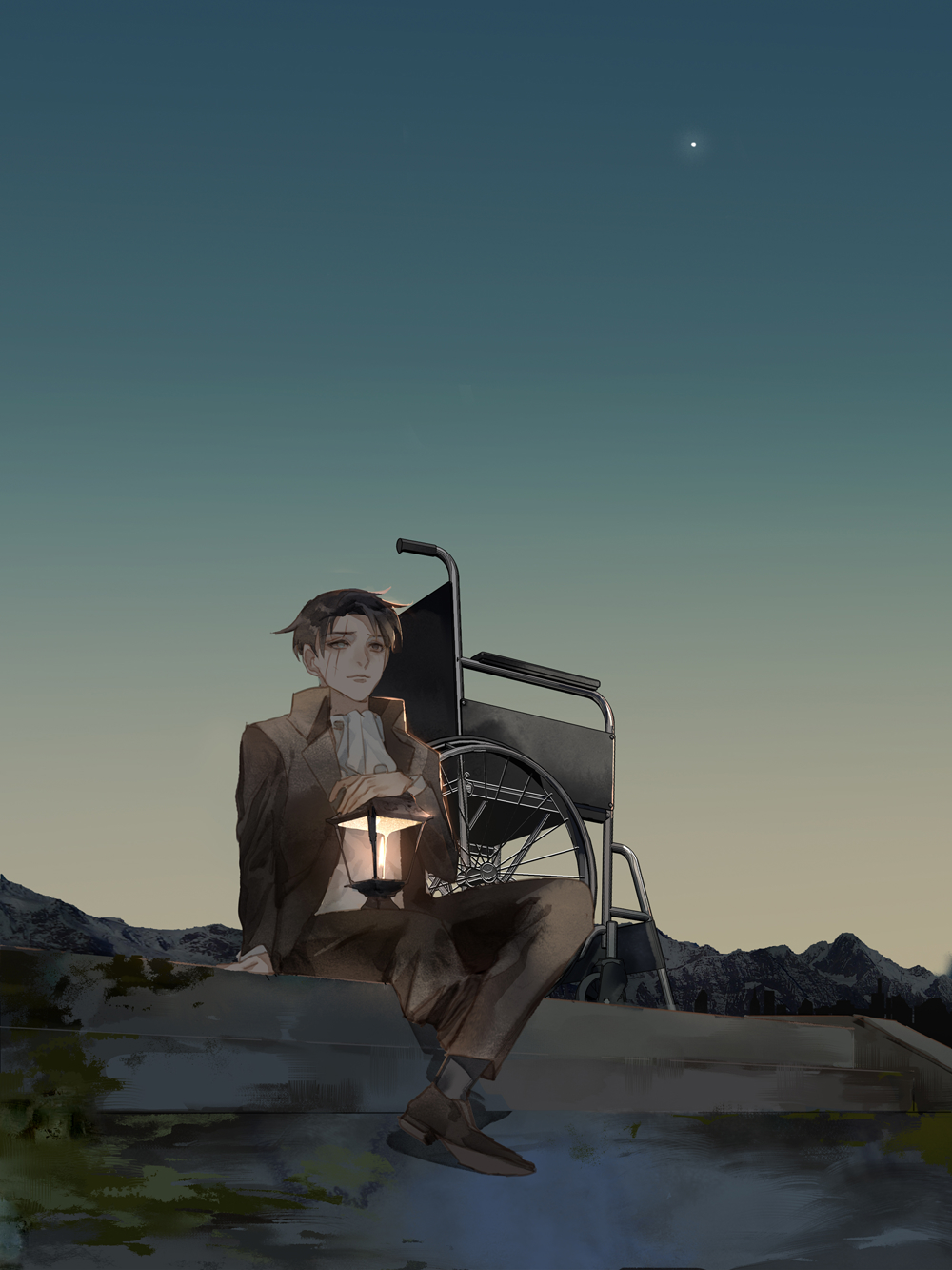 1boy, black_hair, blind, ckk57679405, closed_mouth, highres, jacket, lamp