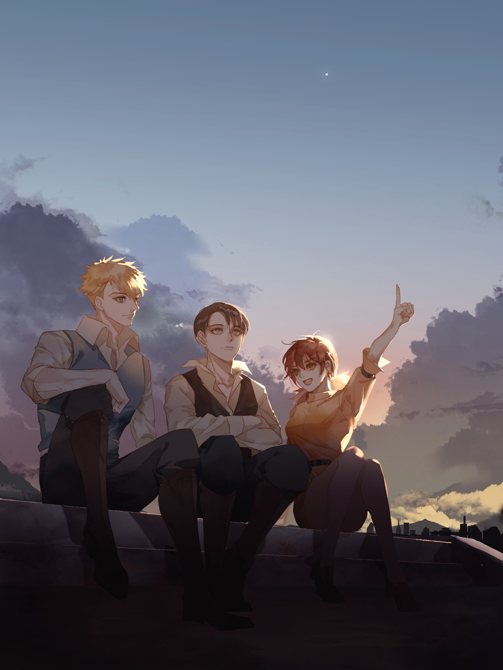1girl, 2boys, :d, black_hair, blonde_hair, ckk57679405, closed_mouth, clouds, crossed_arms, farlan_church, friends, highres, isabel_magnolia, levi_(shingeki_no_kyojin), multiple_boys, open_mouth, outdoors, pants, pointing, pointing_up, redhead, shingeki_no_kyojin, shirt, sitting, sky, smile, twintails, vest