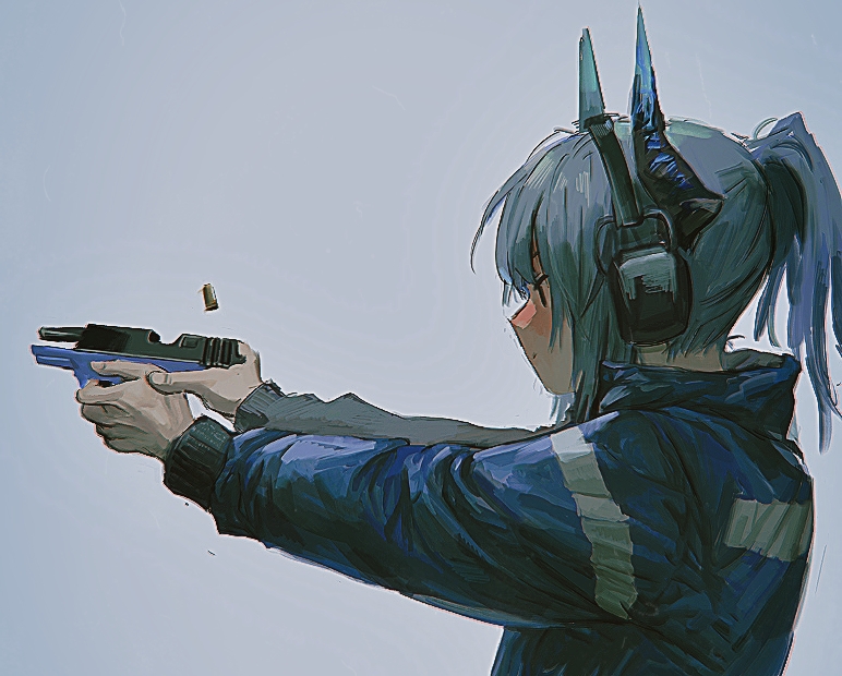 1girl, arknights, blue_jacket, chinese_commentary, deatiose, dragon_horns, firing, grey_background, grey_hair, gun, handgun, headphones, holding, holding_gun, holding_weapon, horns, jacket, liskarm_(arknights), long_hair, ponytail, shell_casing, solo, upper_body, weapon