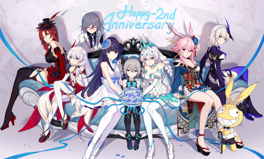 6+girls, anniversary, bare_arms, bare_legs, bare_shoulders, black_legwear, blue_eyes, blue_hair