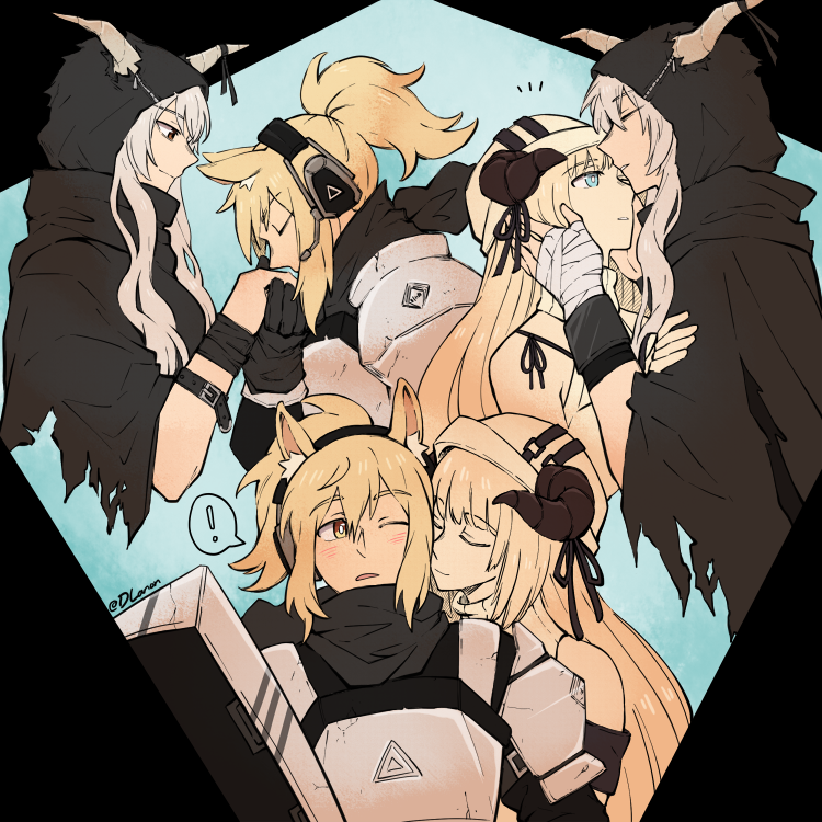 3girls, animal_ears, arknights, armor, artist_name, blonde_hair, cheek_kiss, demon_girl