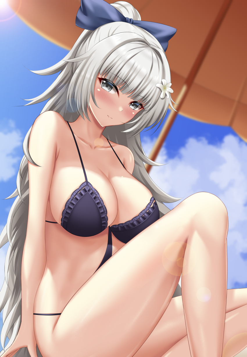 1girl, azur_lane, bangs, beach_umbrella, bikini, black_bikini, blue_bow, blunt_bangs