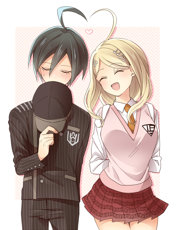 1boy, 1girl, :d, ahoge, akamatsu_kaede, arm_at_side, arms_behind_back, backpack