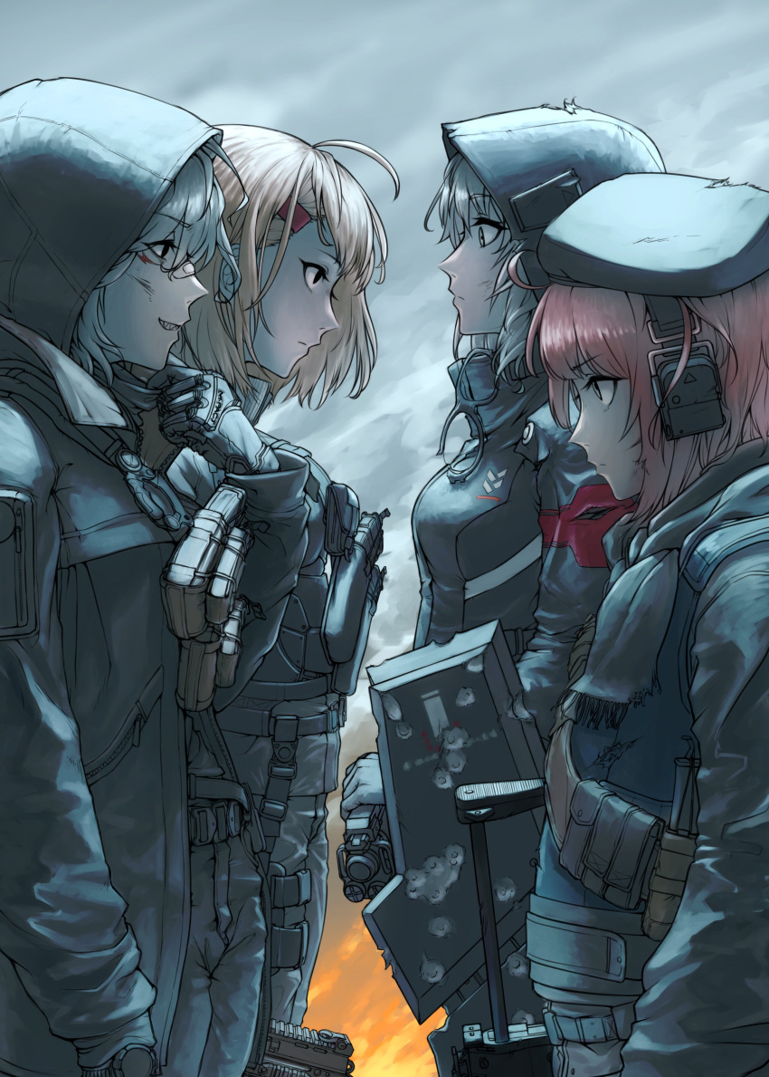 4girls, absurdres, beret, blonde_hair, broken_eyewear, chest_rig, eyewear_removed, girls_frontline