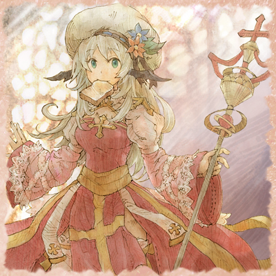 1girl, archbishop_(ragnarok_online), bangs, blue_flower, cleavage_cutout, clothing_cutout, commentary_request, cowboy_shot