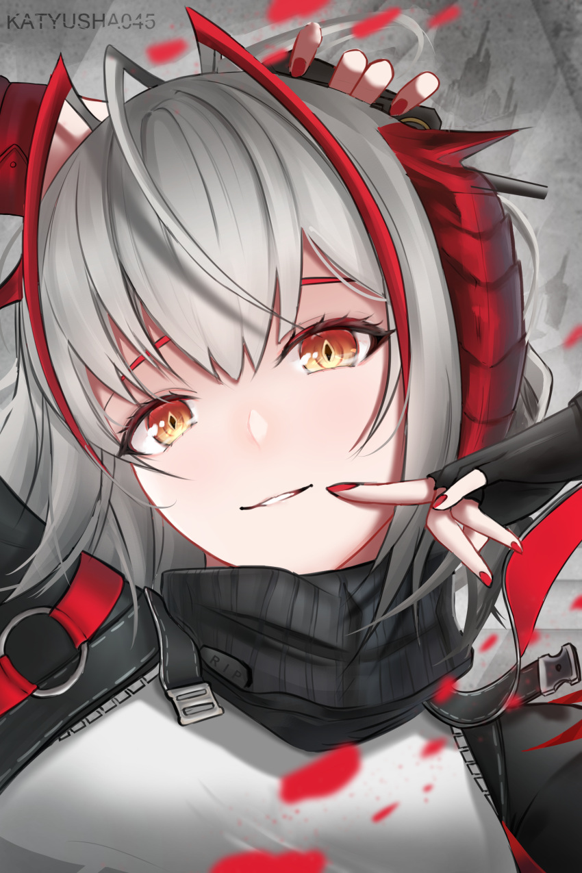1girl, absurdres, ahoge, arknights, arms_behind_head, artist_name, bangs, black_gloves, black_jacket, black_scarf, border, english_commentary, eyebrows_visible_through_hair, fingerless_gloves, gloves, grin, hand_up, highres, horns, index_finger_raised, jacket, katyusha045, looking_at_viewer, open_clothes, open_jacket, outside_border, parted_lips, portrait, red_background, red_nails, scarf, shirt, short_hair, silver_hair, smile, solo, w_(arknights), white_border, white_shirt, yellow_eyes