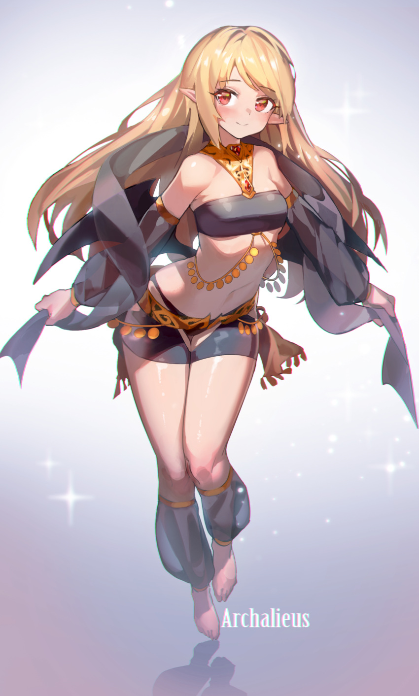 1girl, anklet, armlet, barefoot, blonde_hair, breasts, closed_mouth, dancer