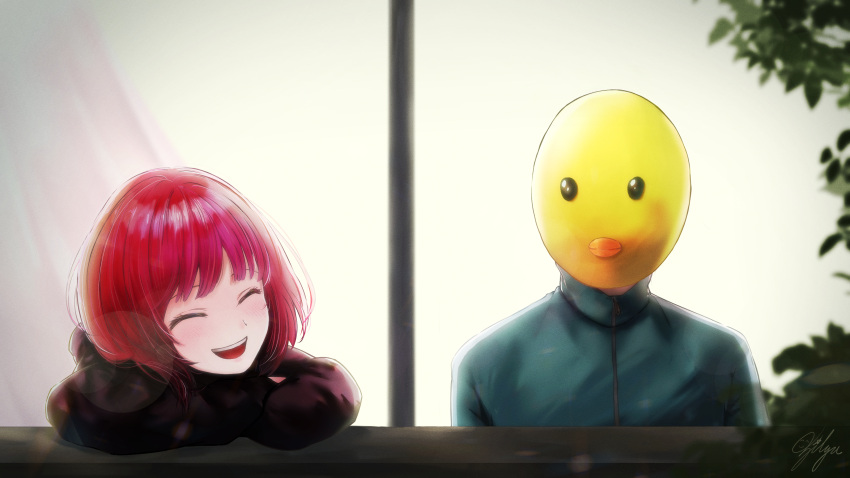 1boy, 1girl, :d, ^_^, ^o^, absurdres, aqua_jacket, arima_kana