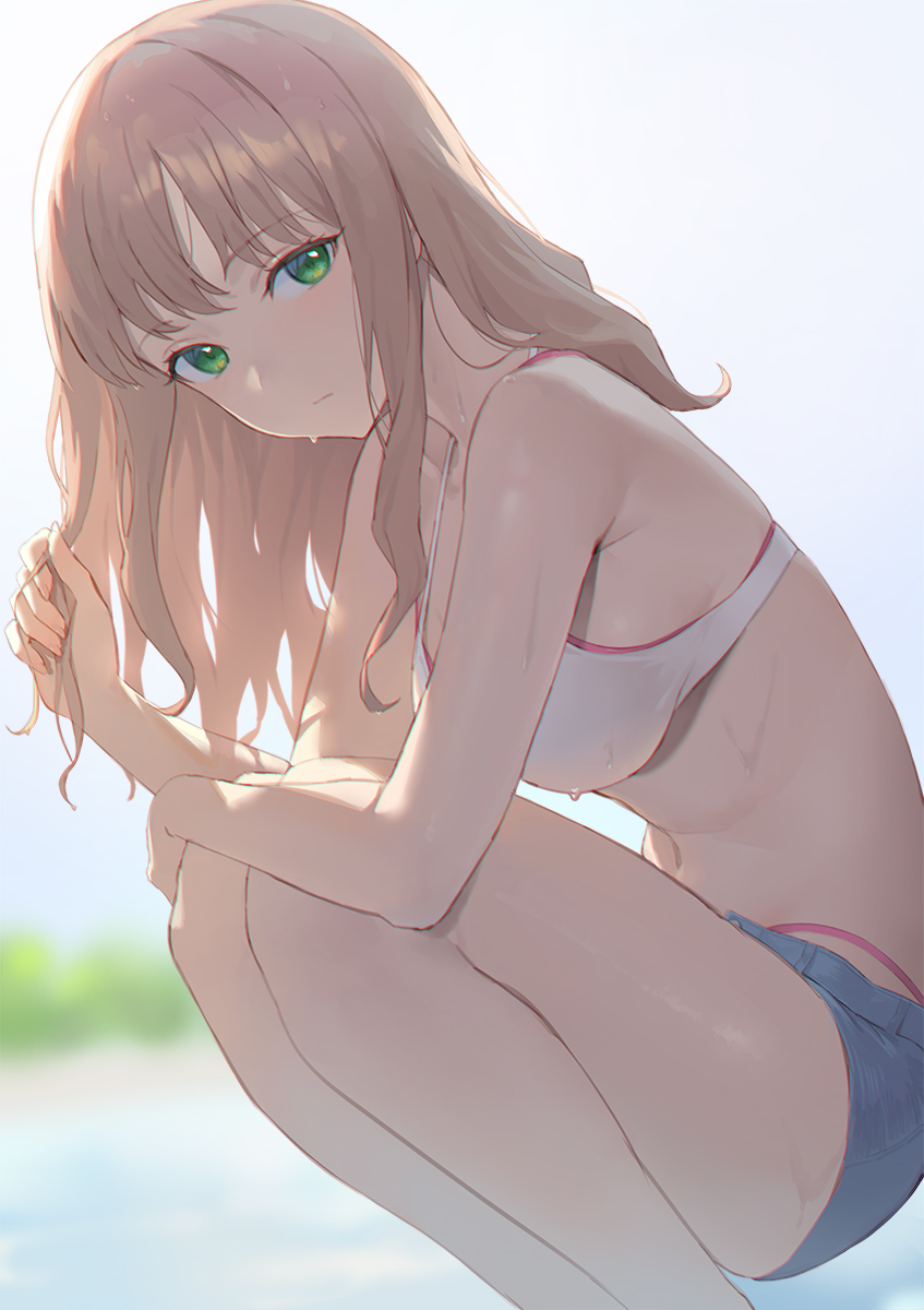 1girl, armpit_crease, bare_arms, bare_legs, bare_shoulders, bikini, blonde_hair, blue_shorts