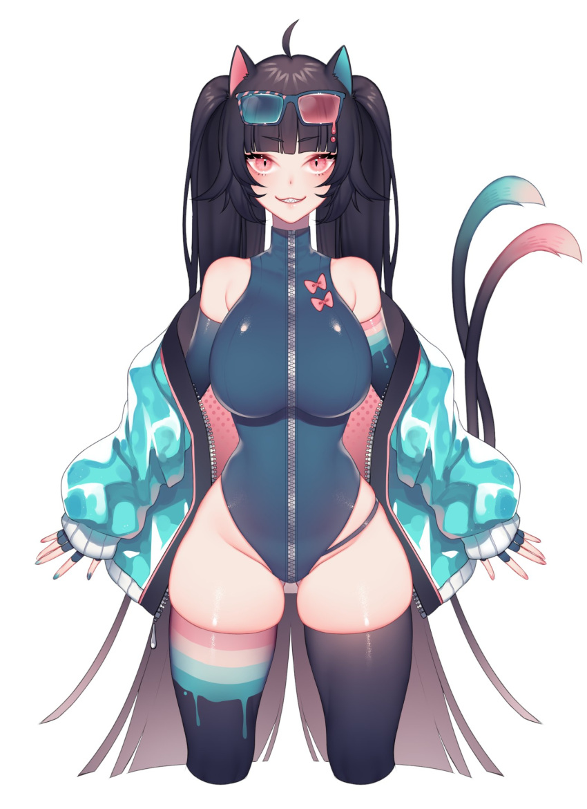 1girl, ahoge, animal_ears, arm_out_of_sleeve, armpit_crease, ass_visible_through_thighs, bare_shoulders, blue_gloves, blue_leotard, breasts, cat_ears, cat_girl, cat_tail, character_request, collarbone, copyright_request, cowboy_shot, cropped_legs, detached_sleeves, eyewear_on_head, fingerless_gloves, gloves, highres, large_breasts, leotard, long_hair, long_sleeves, mismatched_legwear, multiple_tails, nanoless, off_shoulder, pink_eyes, simple_background, slit_pupils, solo, tail, tail_raised, thigh-highs, twintails, very_long_hair, white_background, zipper
