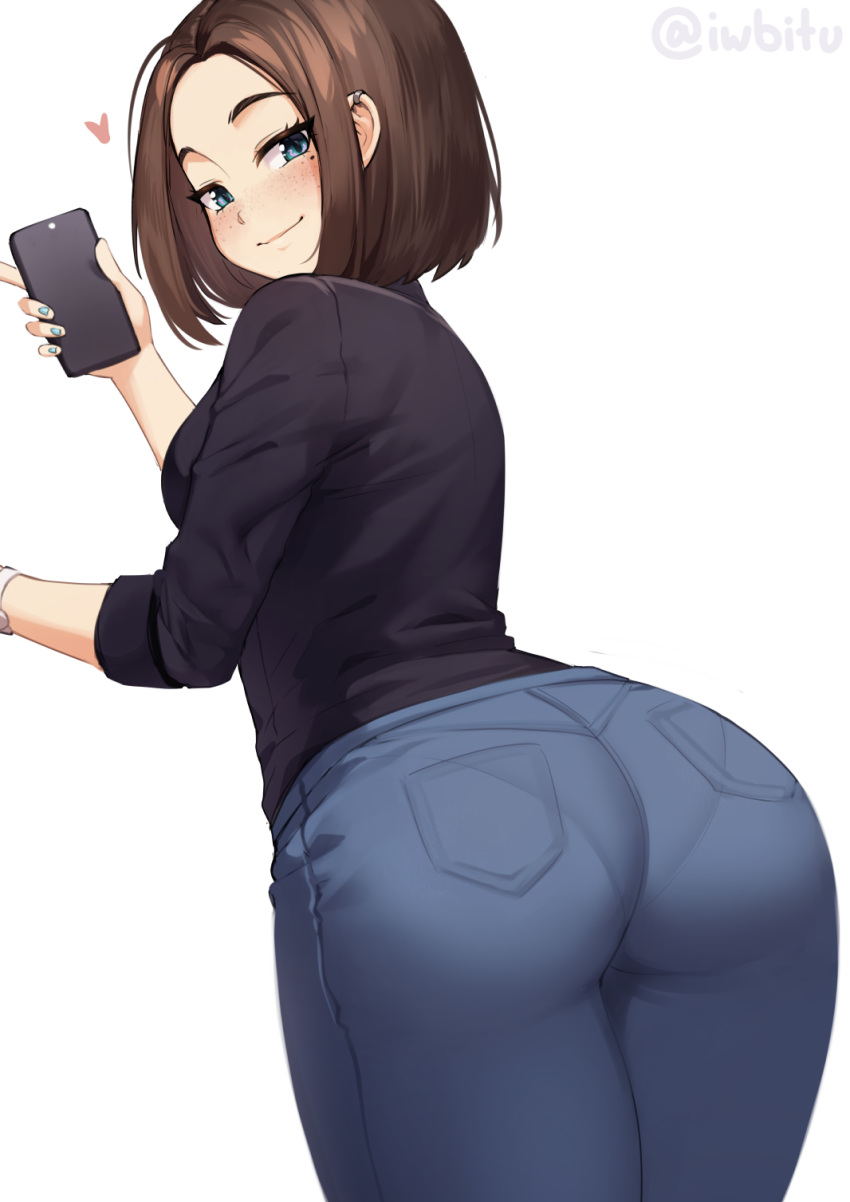1girl, ass, black_shirt, blue_eyes, blue_nails, blue_pants, blush, brown_hair