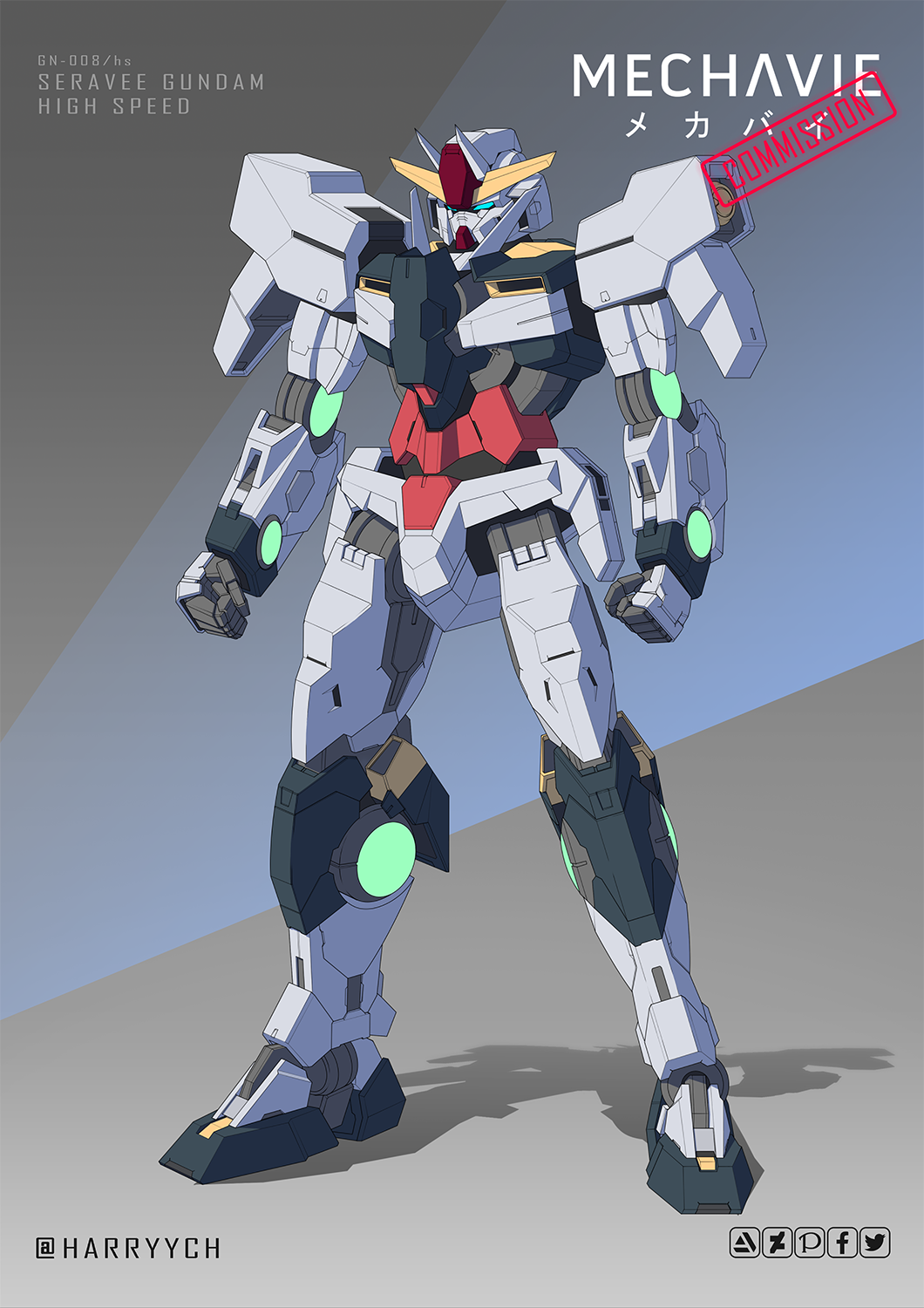 00_qan[t], 00_raiser, blue_eyes, character_name, clenched_hands, commission, deviantart_logo, english_commentary, facebook_logo, fusion, gundam, gundam_00, gundam_dynames, gundam_seravee, harryych, highres, looking_ahead, mecha, mobile_suit, no_humans, pixiv_logo, science_fiction, shadow, solo, standing, twitter_logo, twitter_username, v-fin