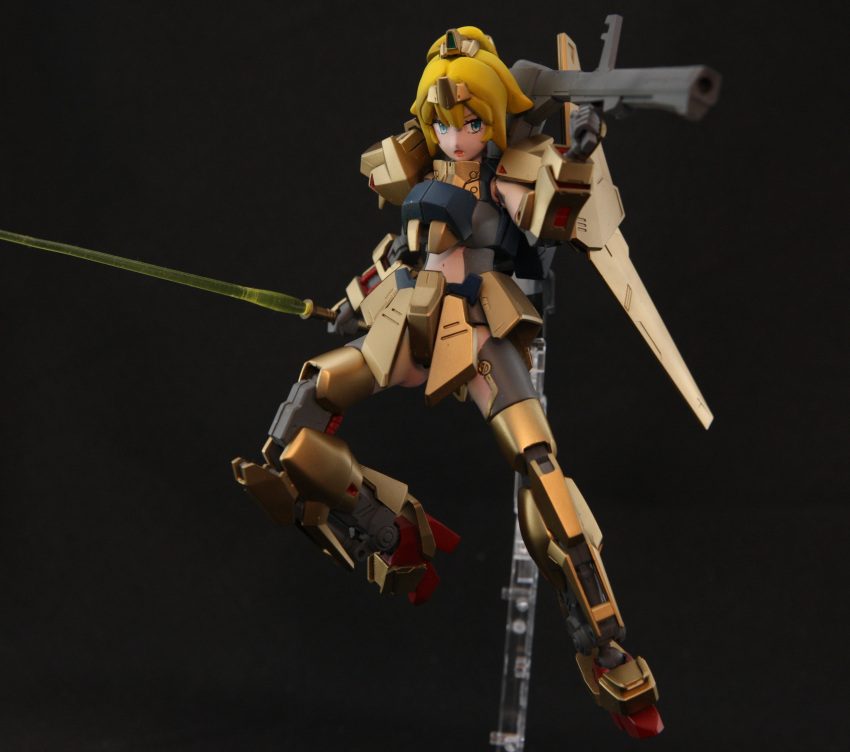 1girl, absurdres, beam_saber, black_background, blonde_hair, blue_eyes, cosplay, english_commentary, gun, gundam, gunpla, hat_(thehatweaver), highres, holding, holding_gun, holding_sword, holding_weapon, hoshino_char, hyaku_shiki, hyaku_shiki_(cosplay), looking_to_the_side, mecha_musume, navel, open_mouth, photo_(medium), plamo, shoulder_cannon, solo, sword, tsunderia, virtual_youtuber, weapon, zeta_gundam